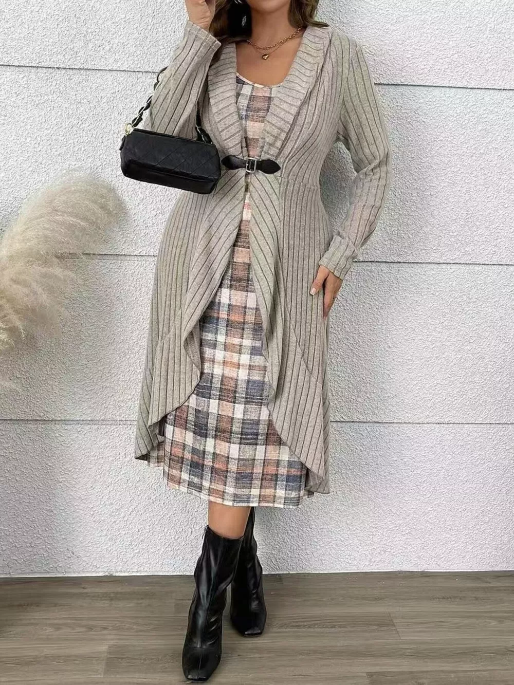 Full Size Plaid Dress & Ribbed Knit Cardigan Set Plus Size, image 2