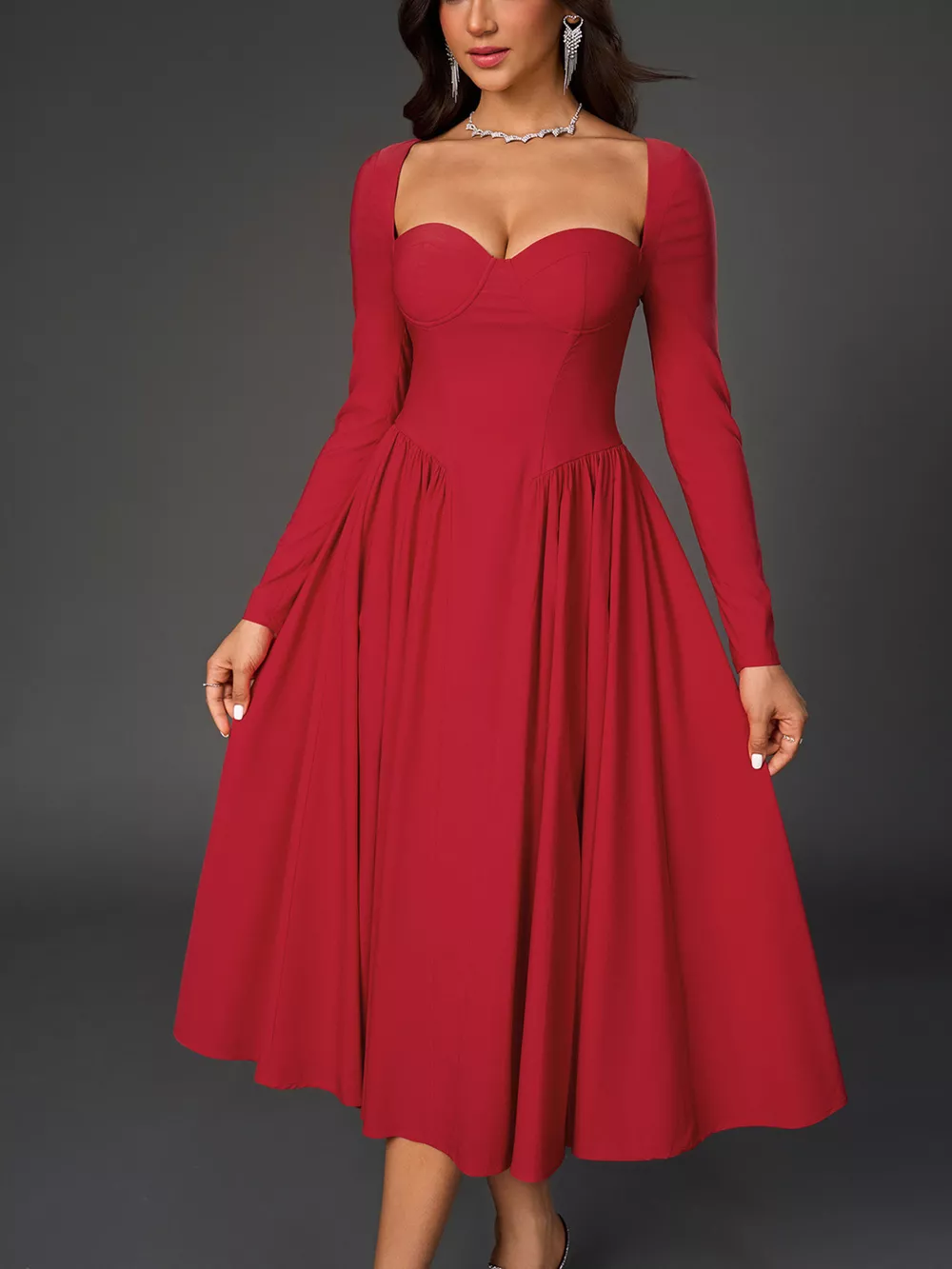 Sweetheart Neckline Long Sleeve A-Line Midi Dress, image 5