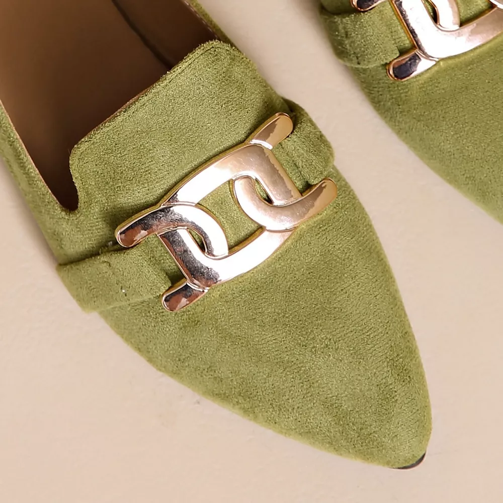 Pointed-Toe Suede Loafers with Metallic Chain Detail, image 3