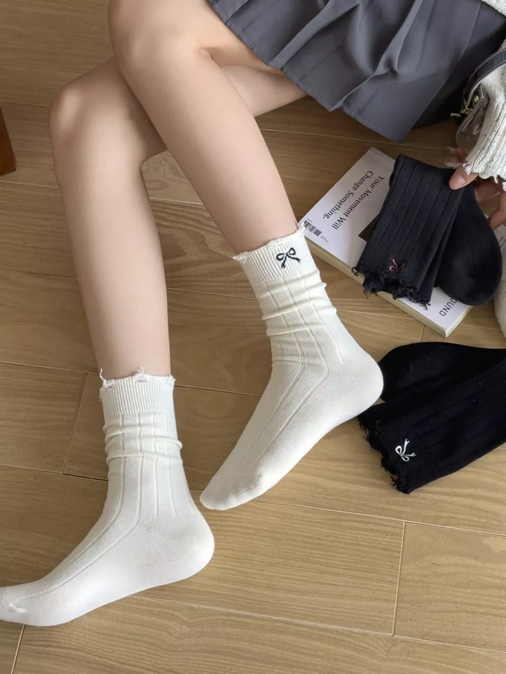 Bow Embroidery Ribbed Crew Socks, image 7