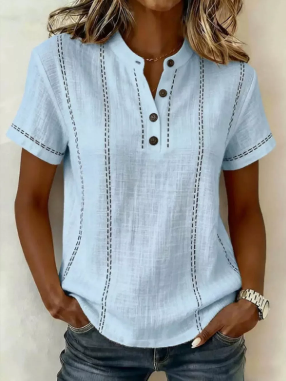 Full Size Button Detail Short Sleeve Blouse Plus Size, image 4