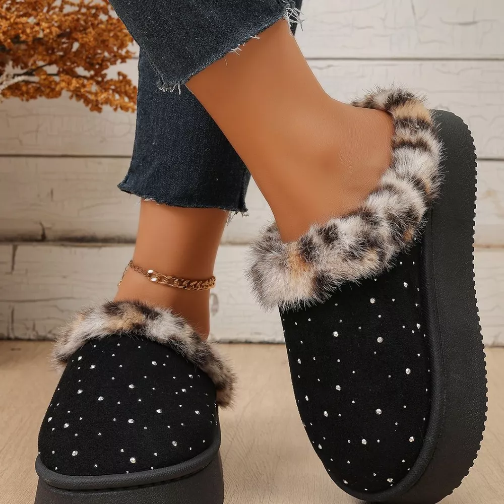 Rhinestone Faux Fur Platform Slippers, image 3