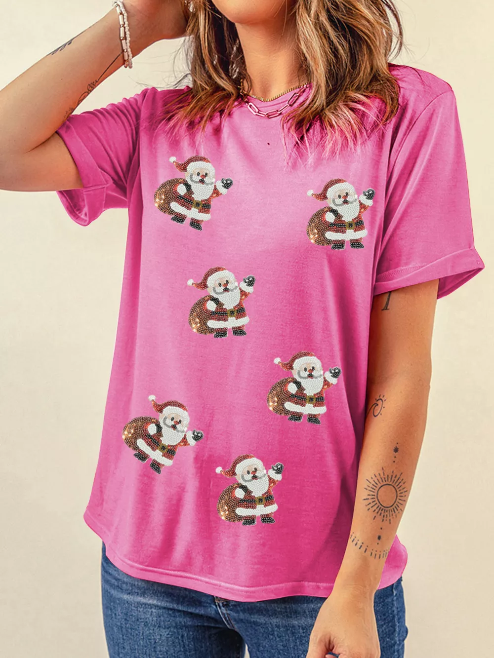 Santa Claus Deliver Gifts Sequin Short Sleeve Tee, image 4