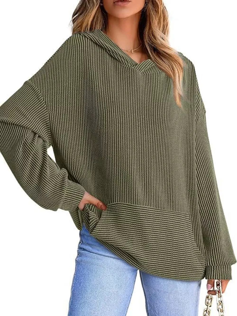 Ribbed Oversized Hoodie Sweatshirt with Pocket, image 13