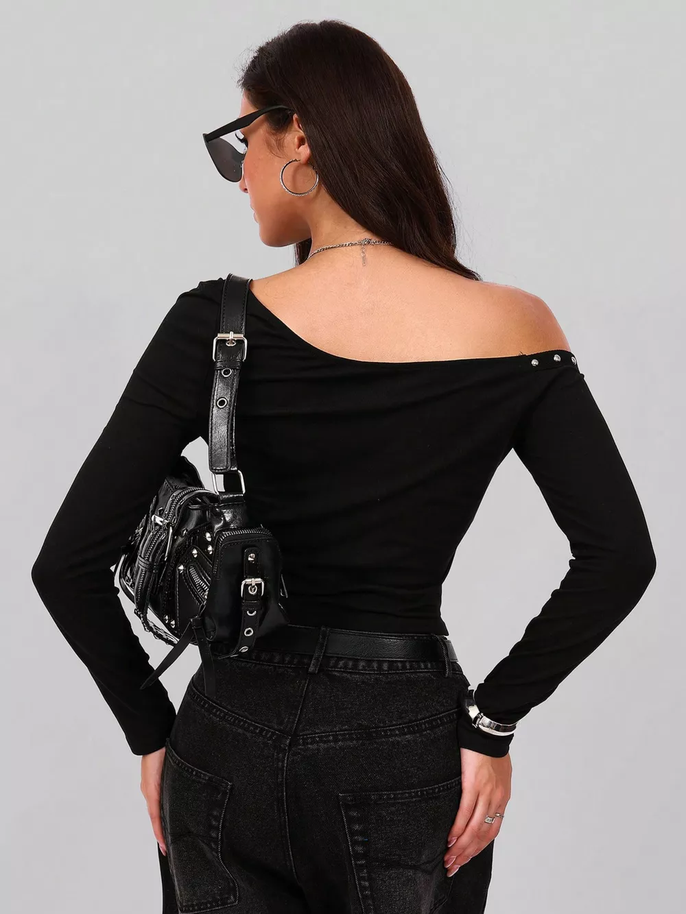 Studded One Shoulder Long Sleeve T-Shirt, image 4