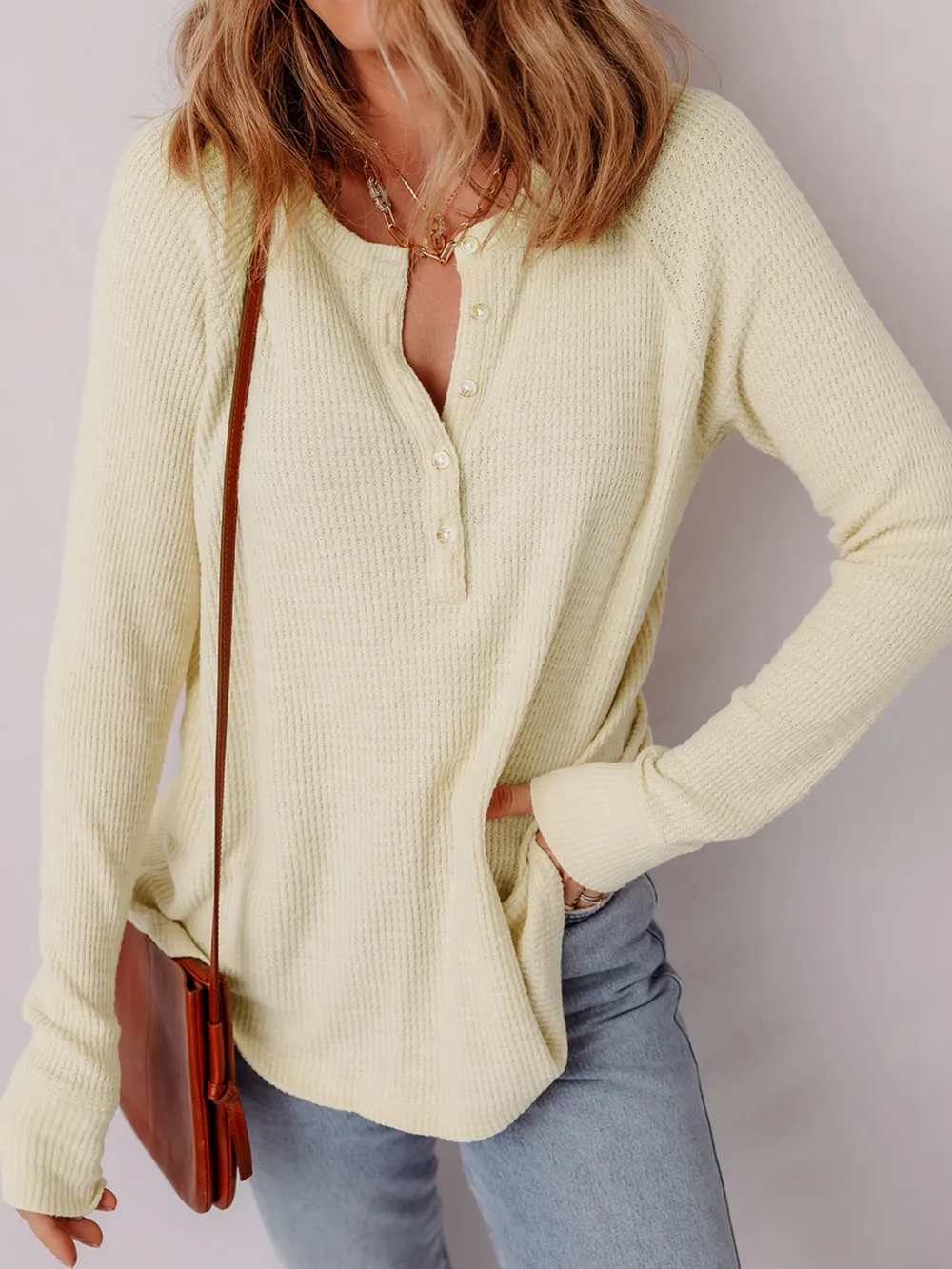 Textured Knit Half Buttons Henley Top, image 3