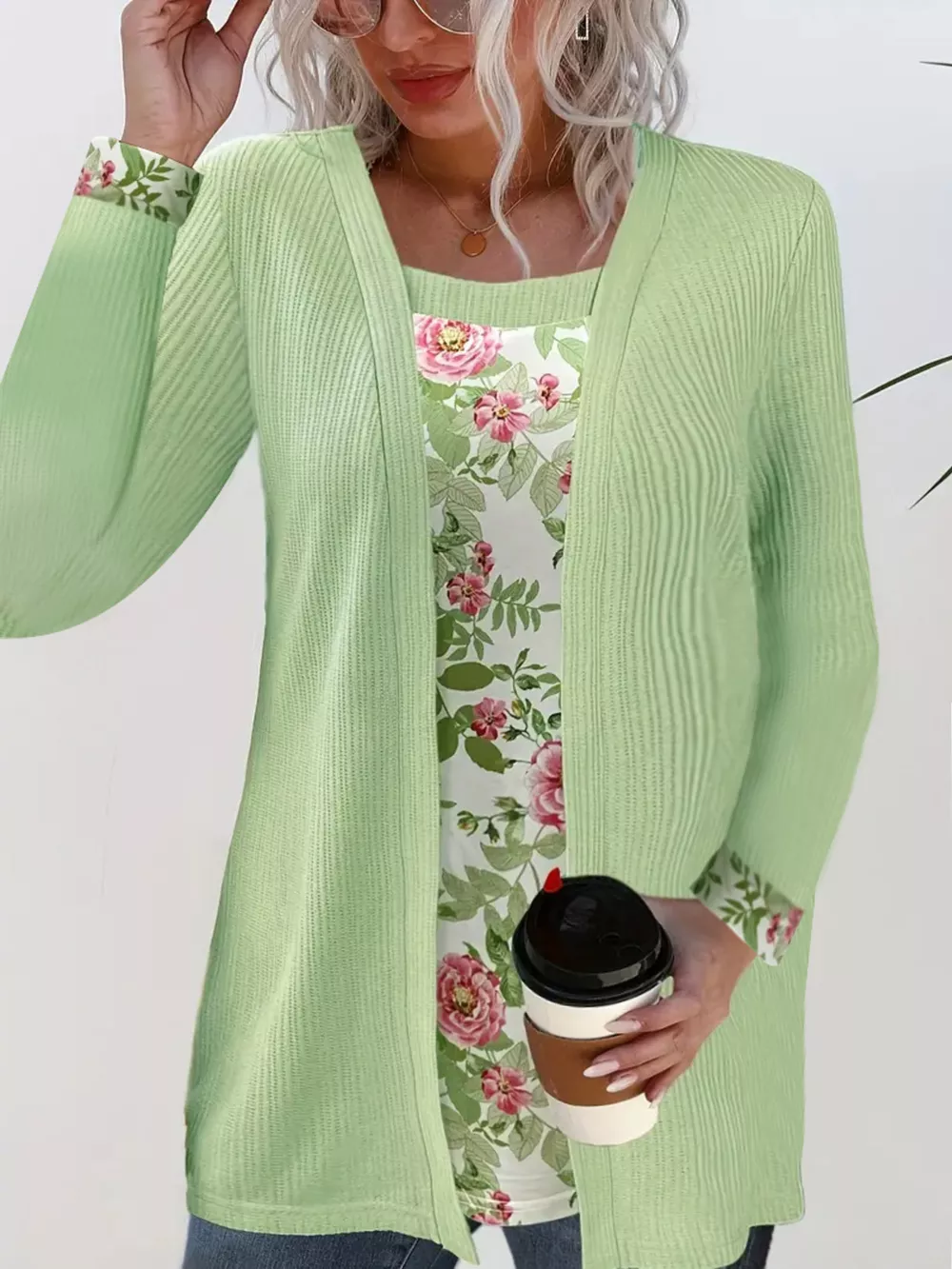 Floral Print Casual Fake Two Piece Top, image 2