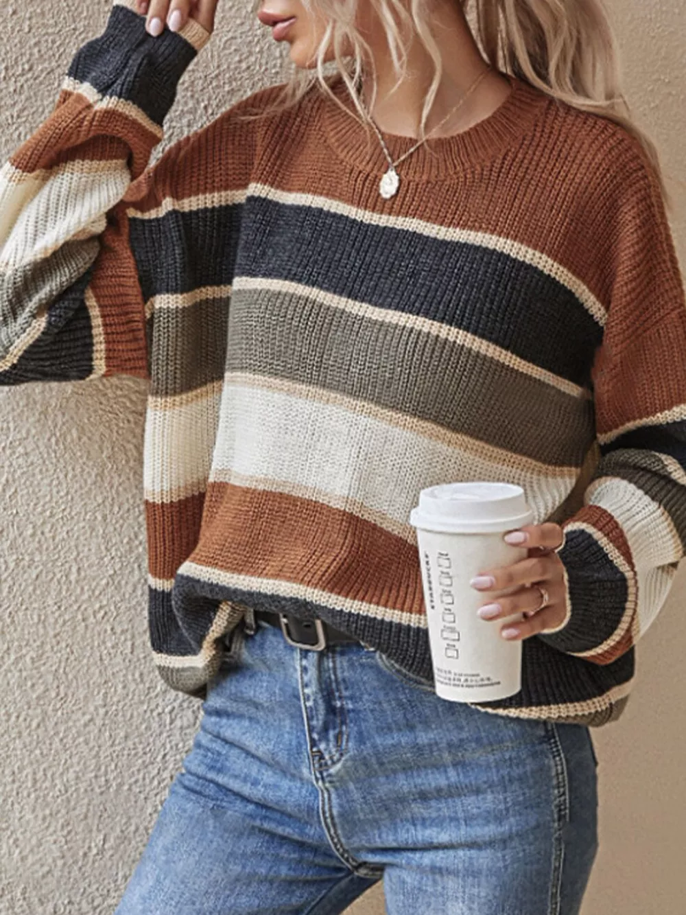 Color Block Striped Crew Neck Sweater, image 5