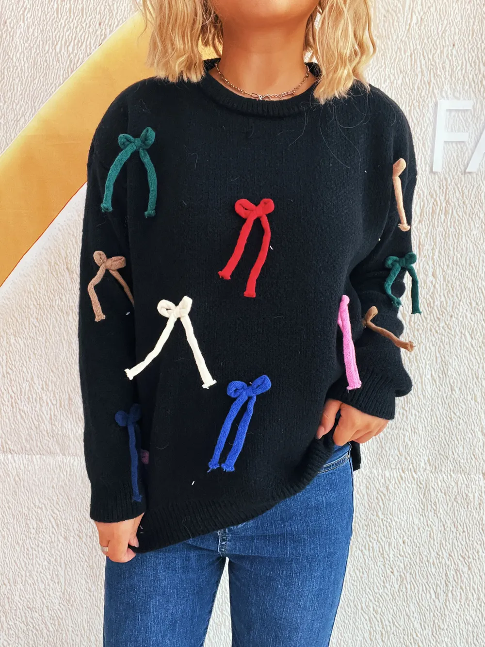 Colorful Bow Round Neck Sweater, image 4