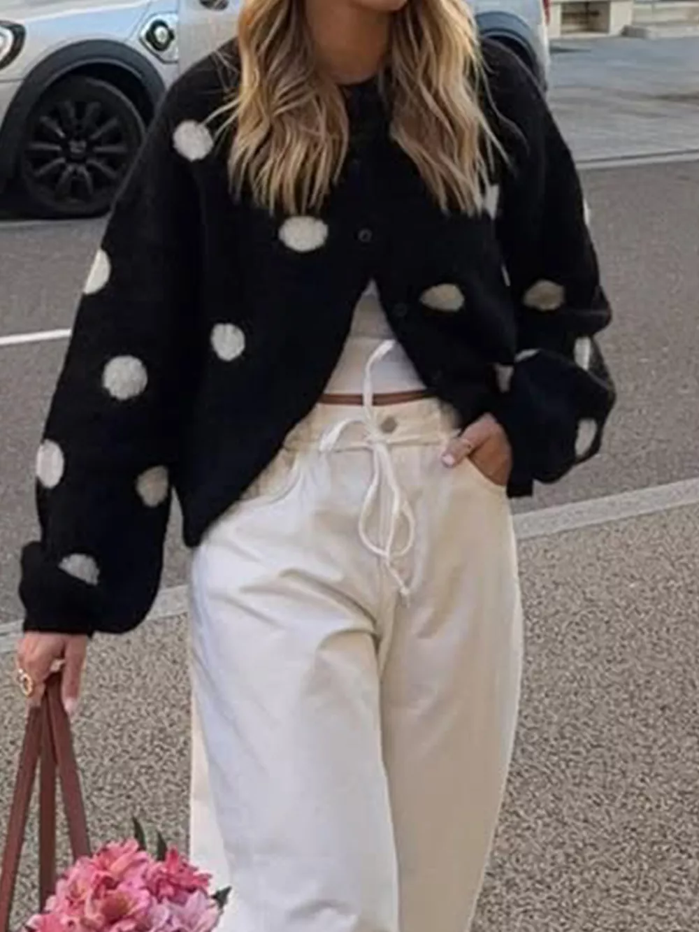 Polka Dot Fuzzy Knit Button-Up Cardigan, image 4