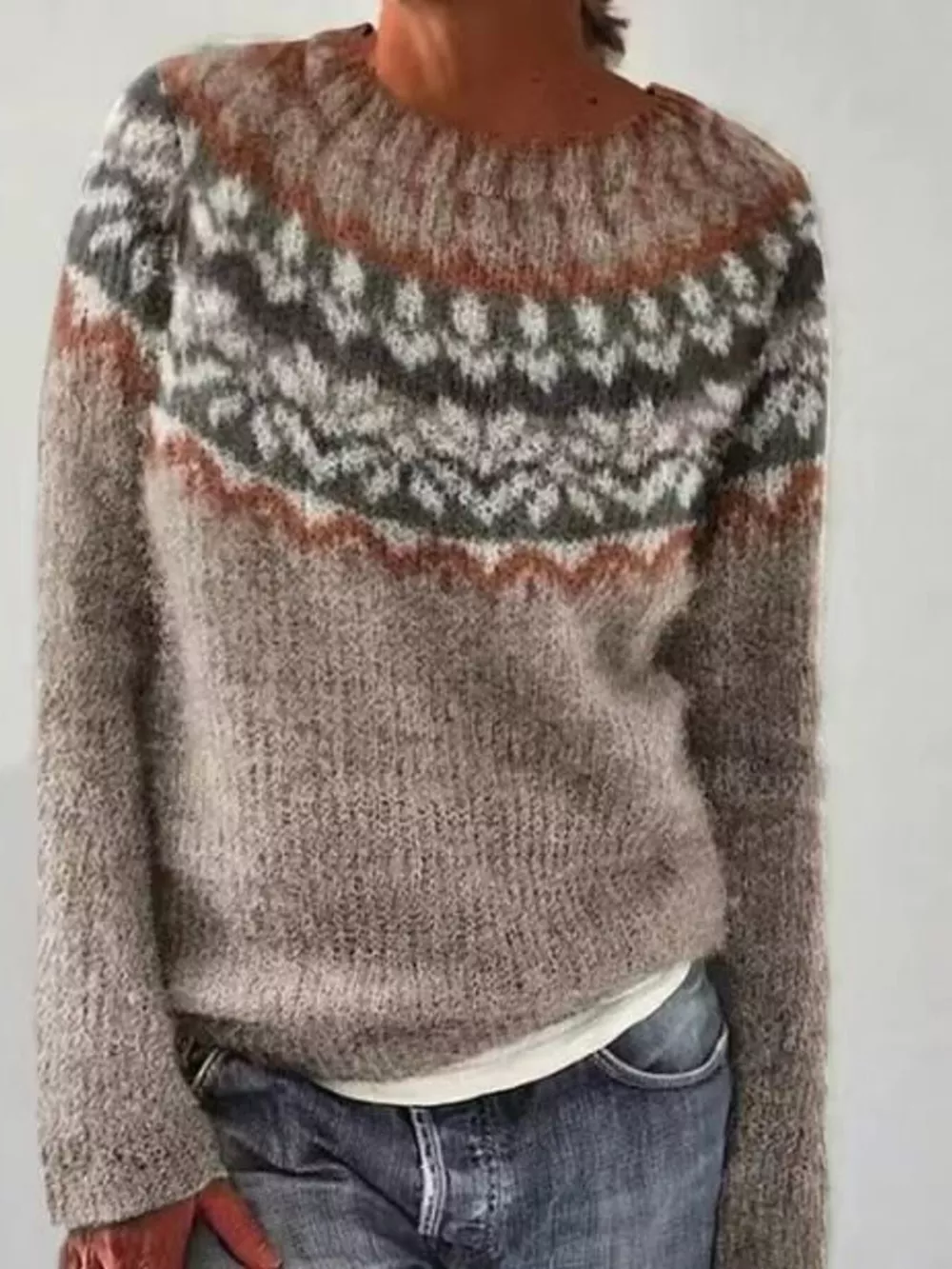 Full Size Vintage Patterned Round Neck Sweater Plus Size, image 13