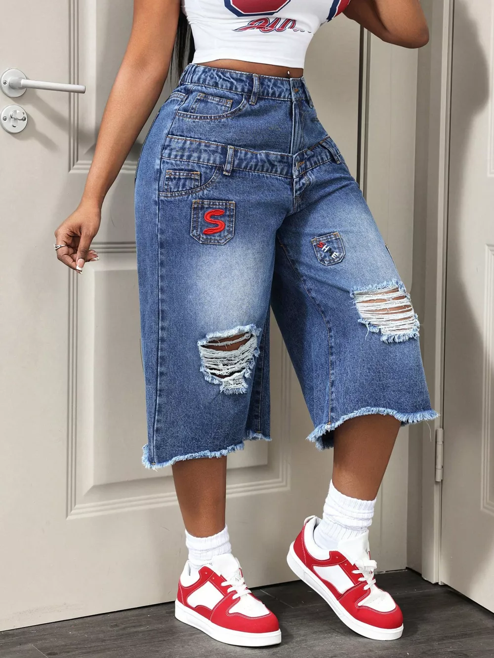 Distressed Wide-Leg Denim Capris, image 2