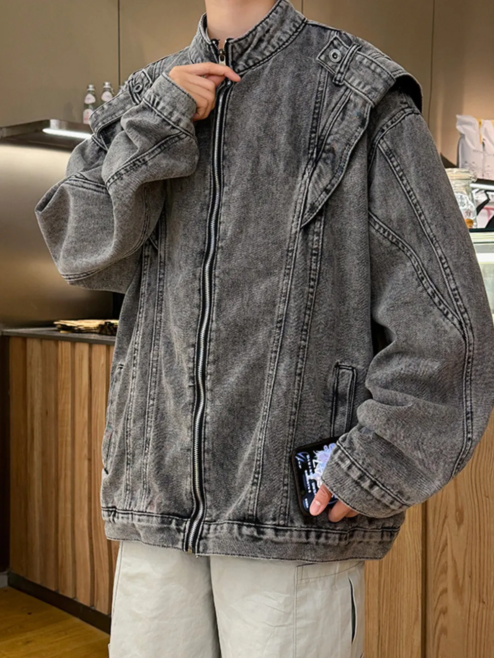 Men's Plus Size Zip Up Long Sleeve Denim Jacket, image 4