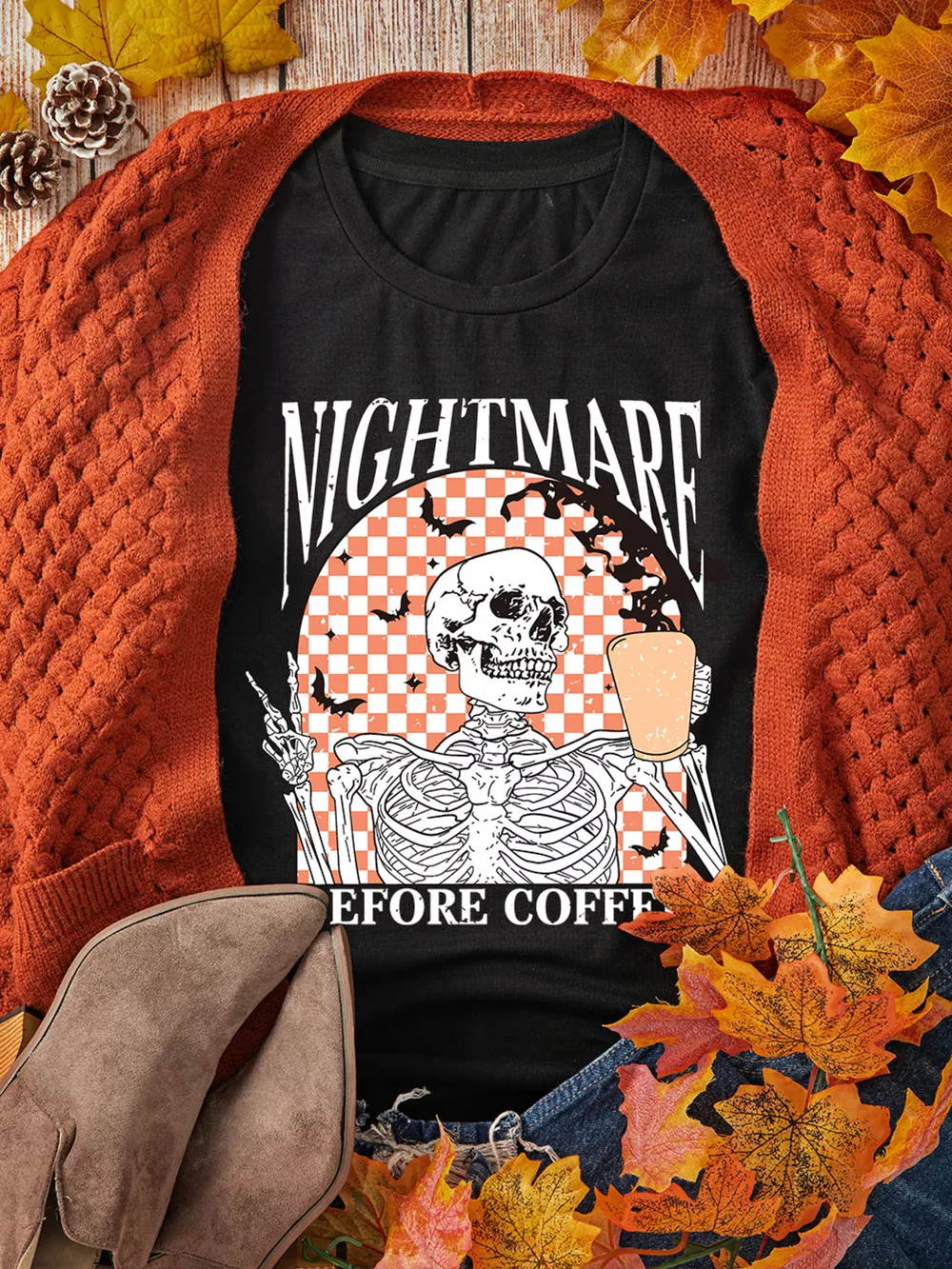 Halloween Skull Checkerboard Graphic Round Neck T-Shirt, image 5