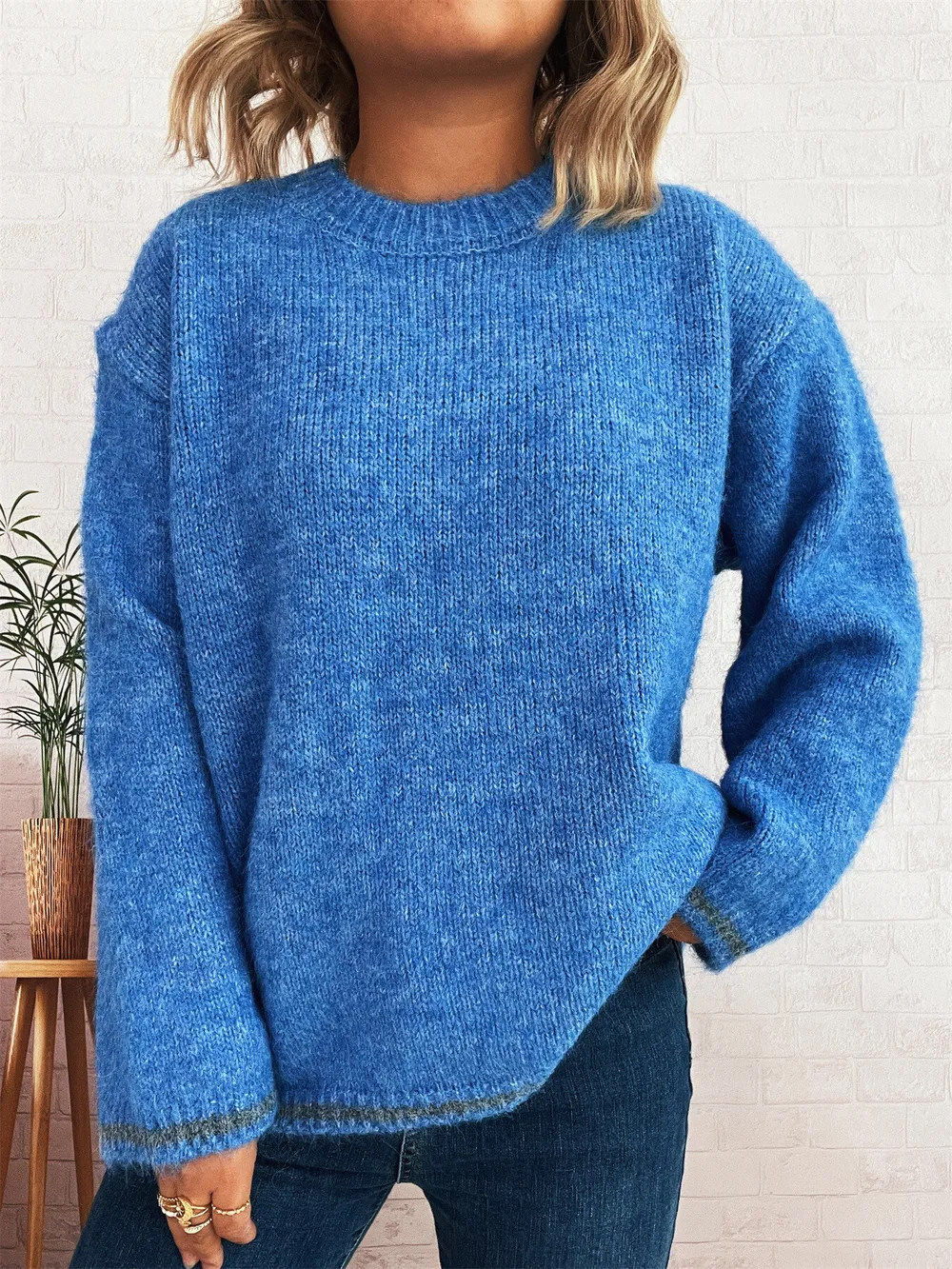 Contrast Trim Round Neck Cozy Sweater, image 26