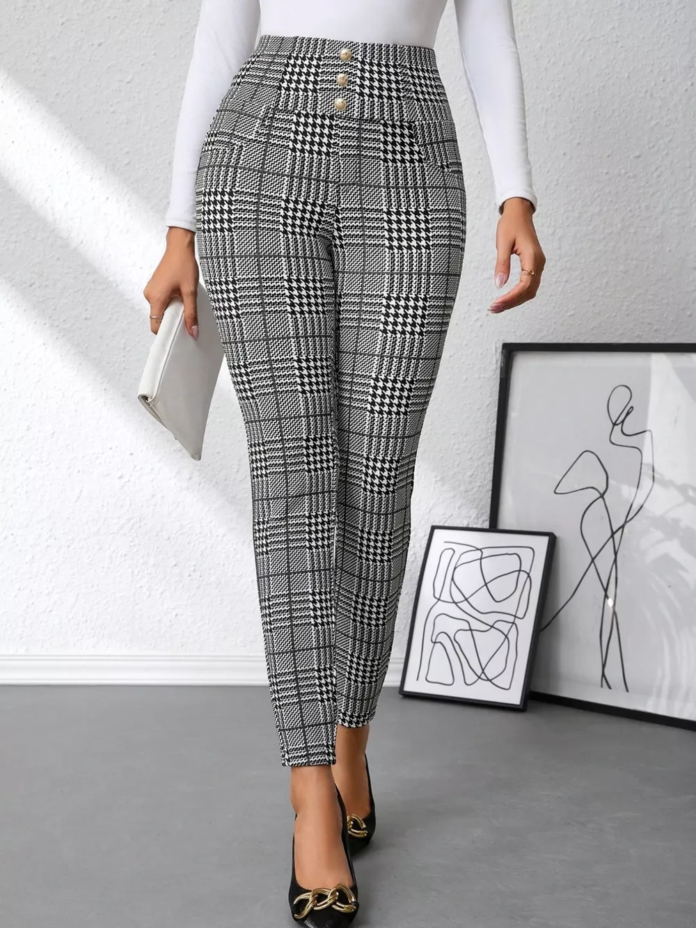 High Waist Plaid Slim Fit Pants, image 3