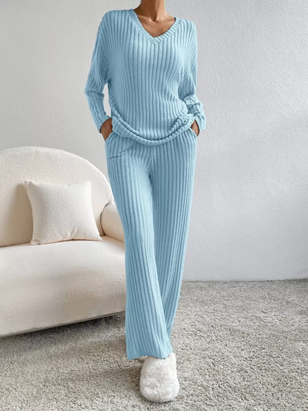 Ribbed Knit Long Sleeve Top and Pants Set, image 10