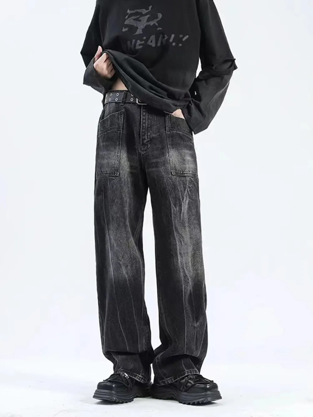 Men's Plus Size Wash Wide Leg Jeans, image 2