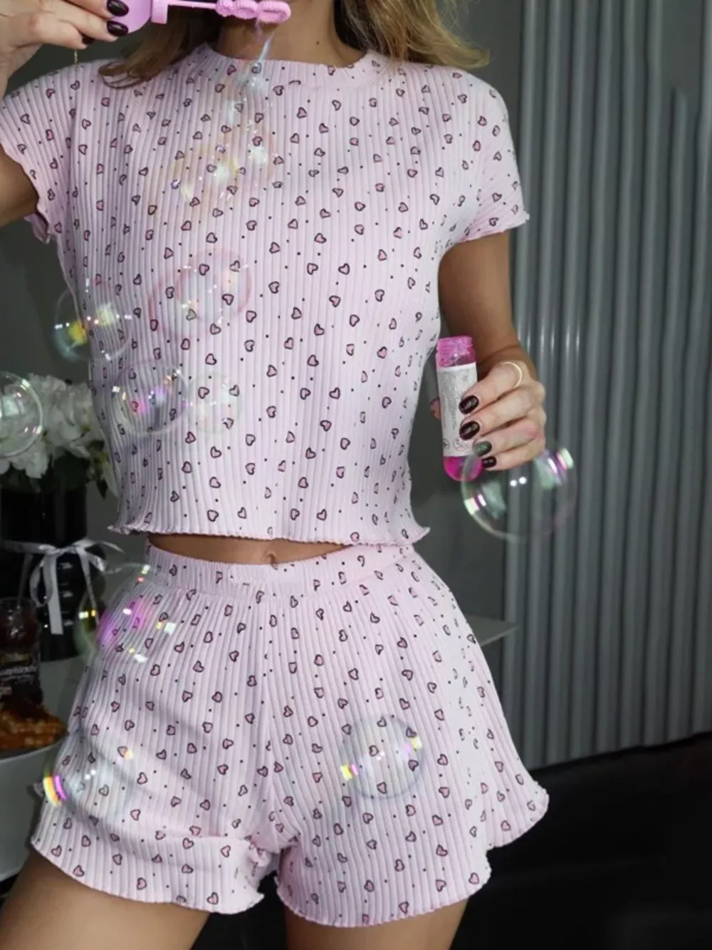 Heart Print Ribbed Knit Top and Shorts Lounge Set, image 4