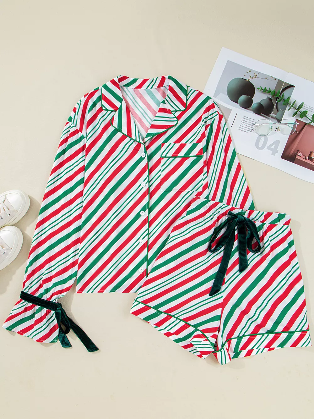 Stripe Contrast Velvet Ribbon Knot Christmas 2pcs Pajama Set, image 3