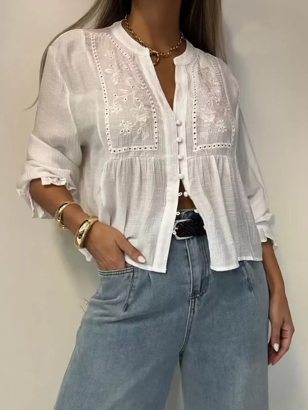 Embroidered Detail Button-Down Shirt, image 4