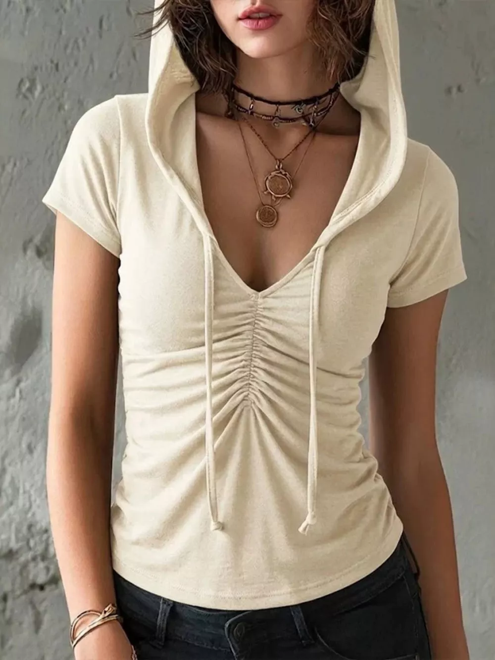Ruched Short Sleeve Hooded T-Shirt, image 2