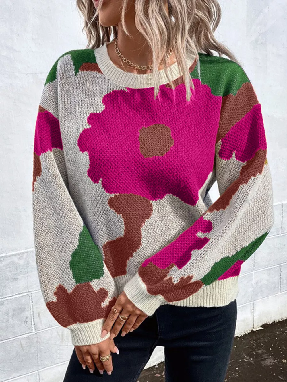 Floral Pattern Round Neck Sweater, image 18