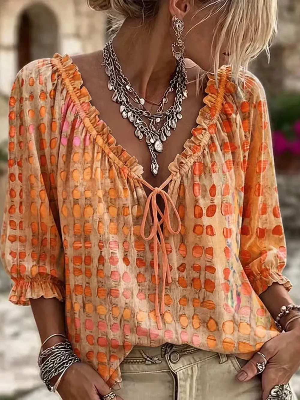 Full Size Tie Neck 3/4 Sleeve Blouse Plus Size, image 13