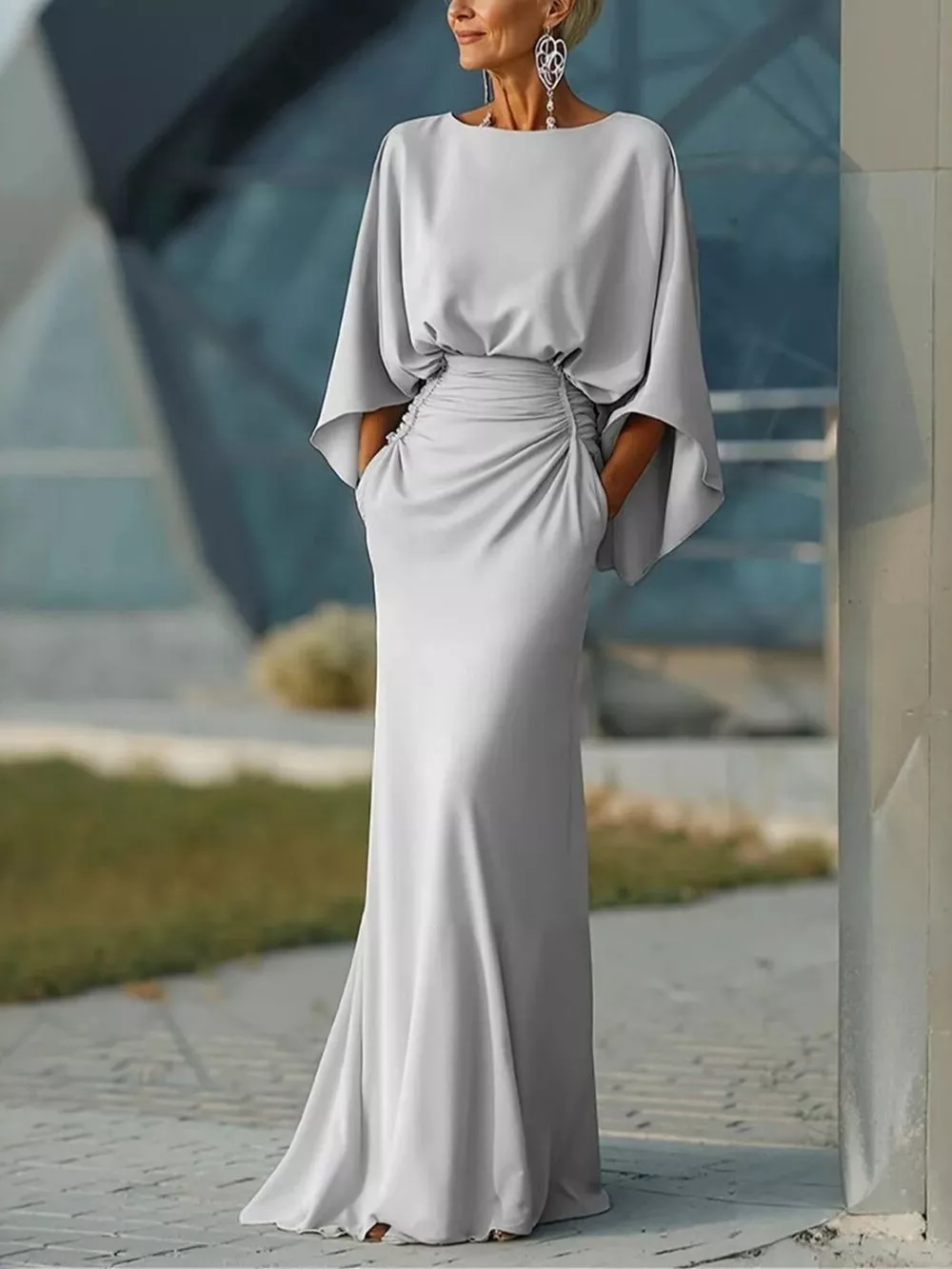 Batwing Sleeve Ruched Maxi Dress, image 2