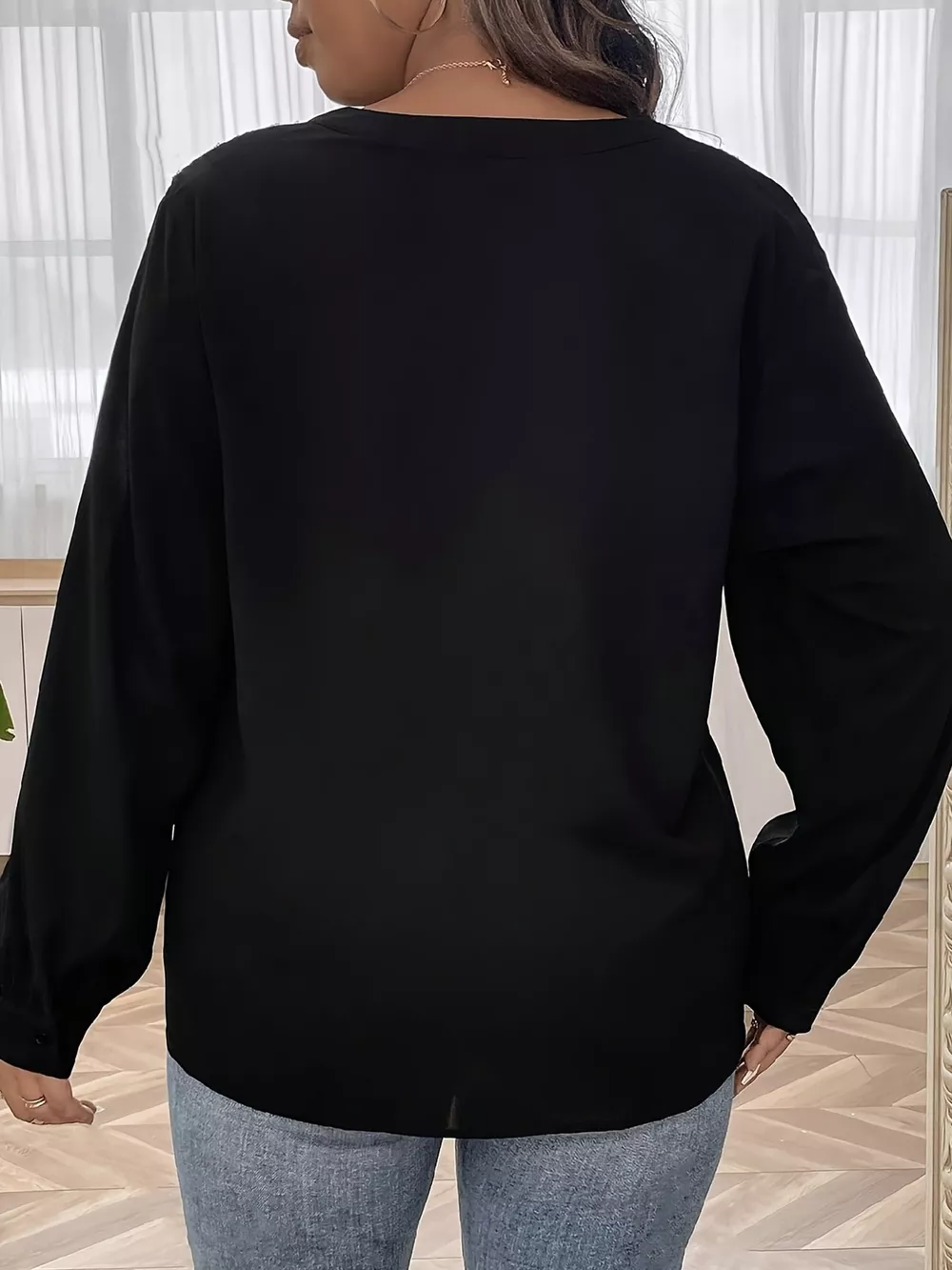 Sequin Trim Notched Long Sleeve Blouse, image 4
