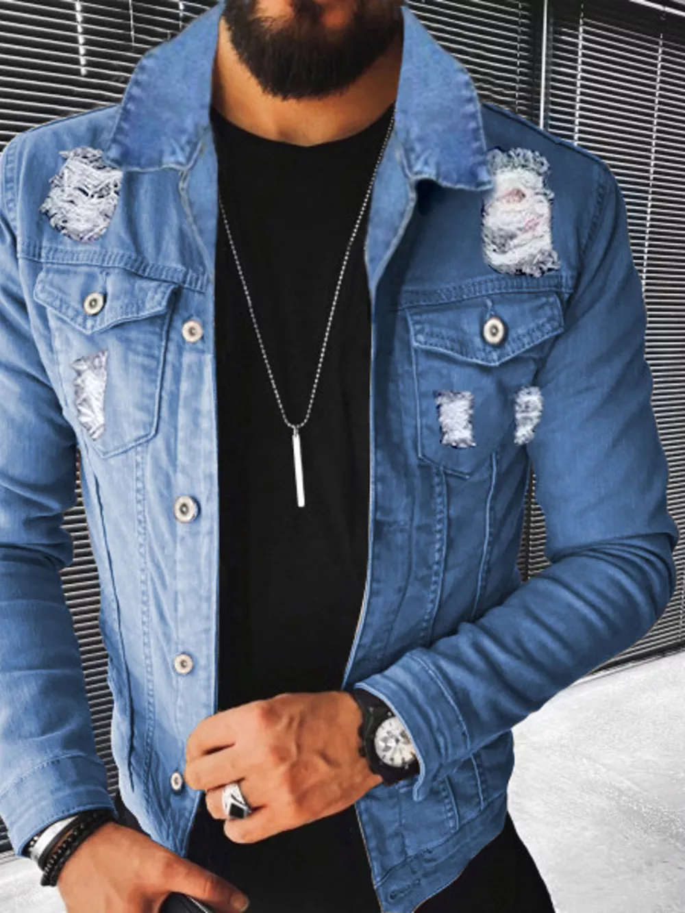 Men's Plus Size Distressed Button Up Denim Jacket, image 3