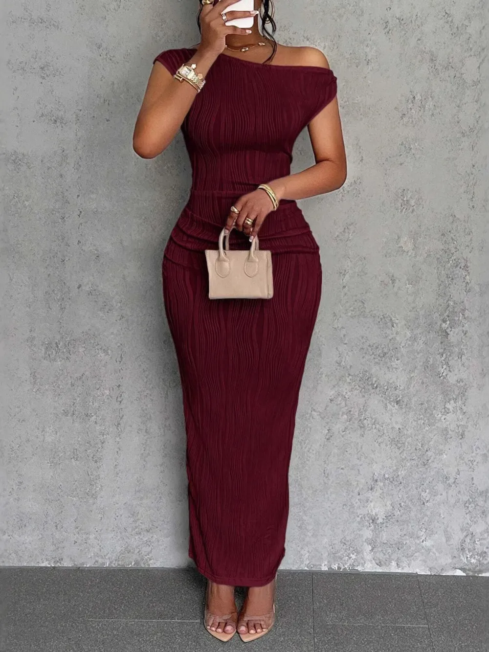 Textured Single Shoulder Bodycon Maxi Dress, image 6