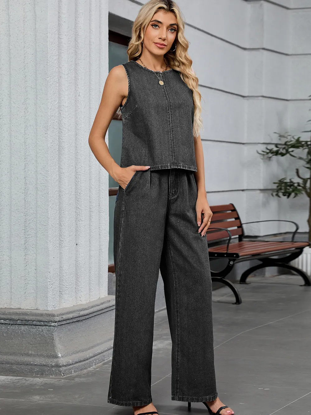 Round Neck Tank and Pants Denim Set, image 3