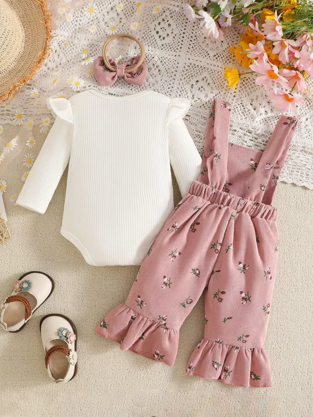 Children's Ribbed Bodysuit and Overalls Set with Headband, image 4