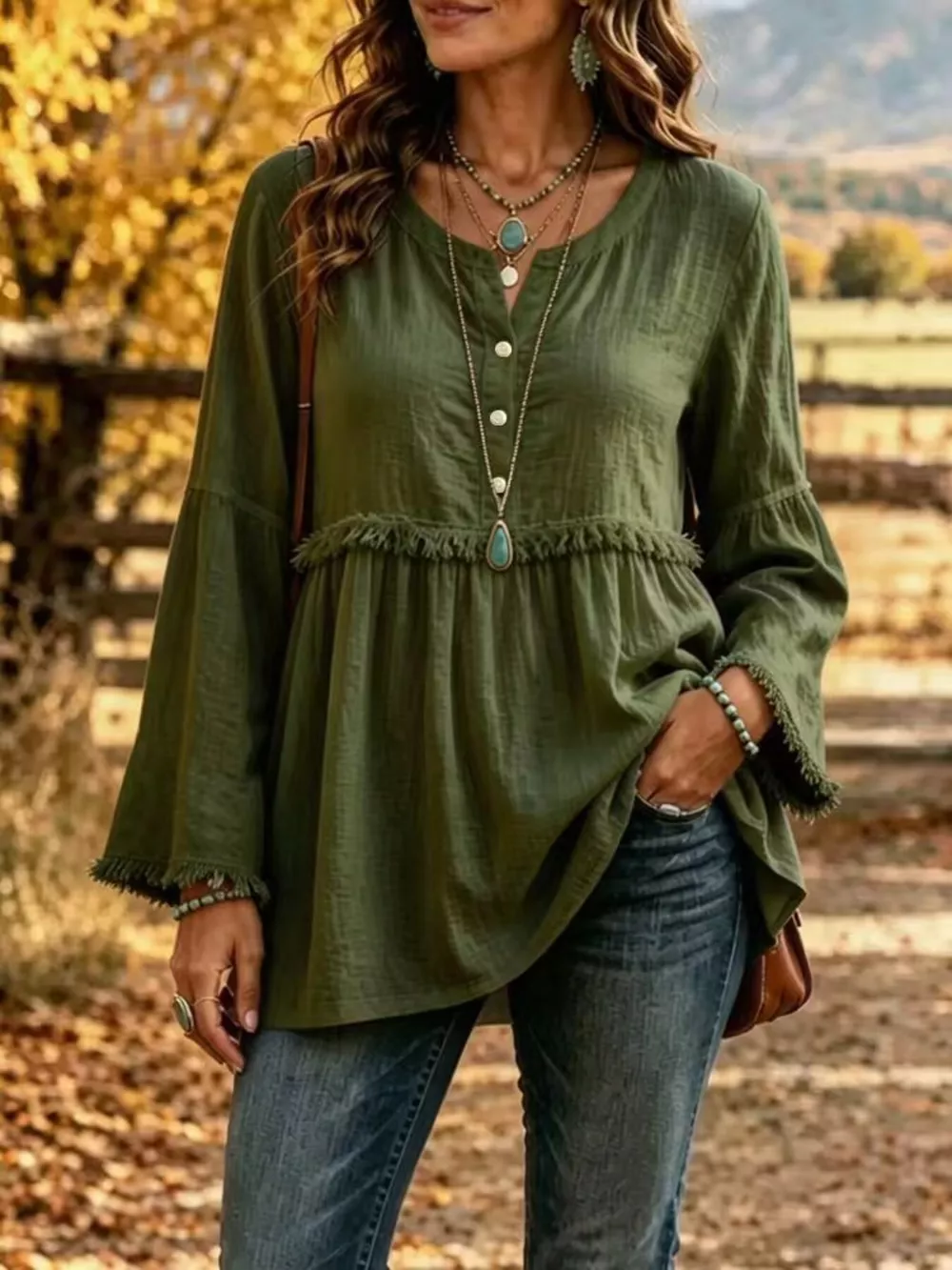 Full Size Fringed Button Detail Blouse Plus Size, image 3