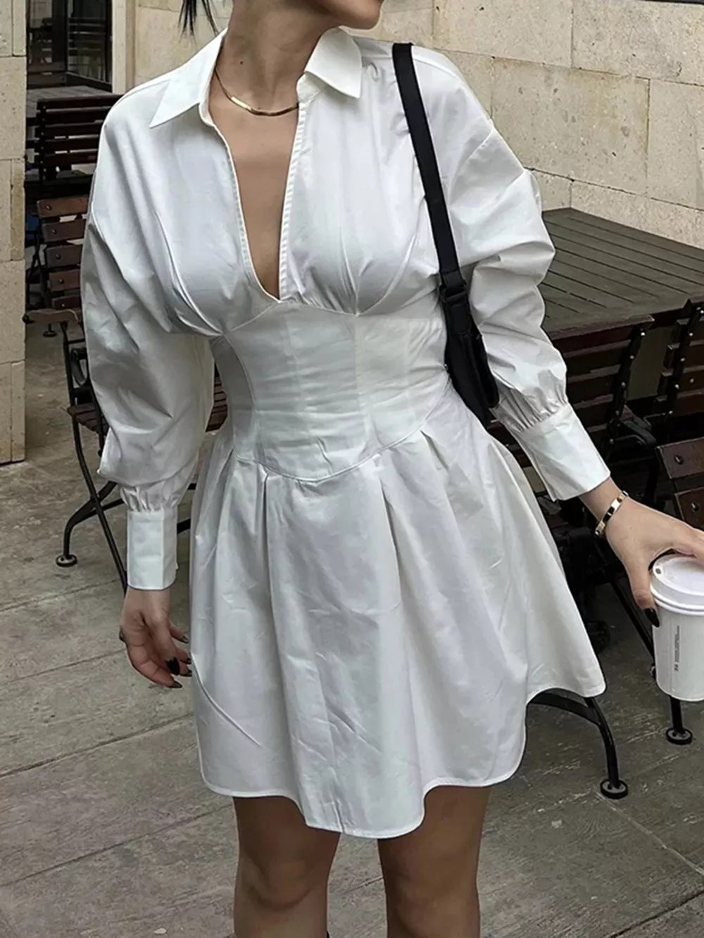 Collared Neck Lantern Sleeve Mini Dress, image 3