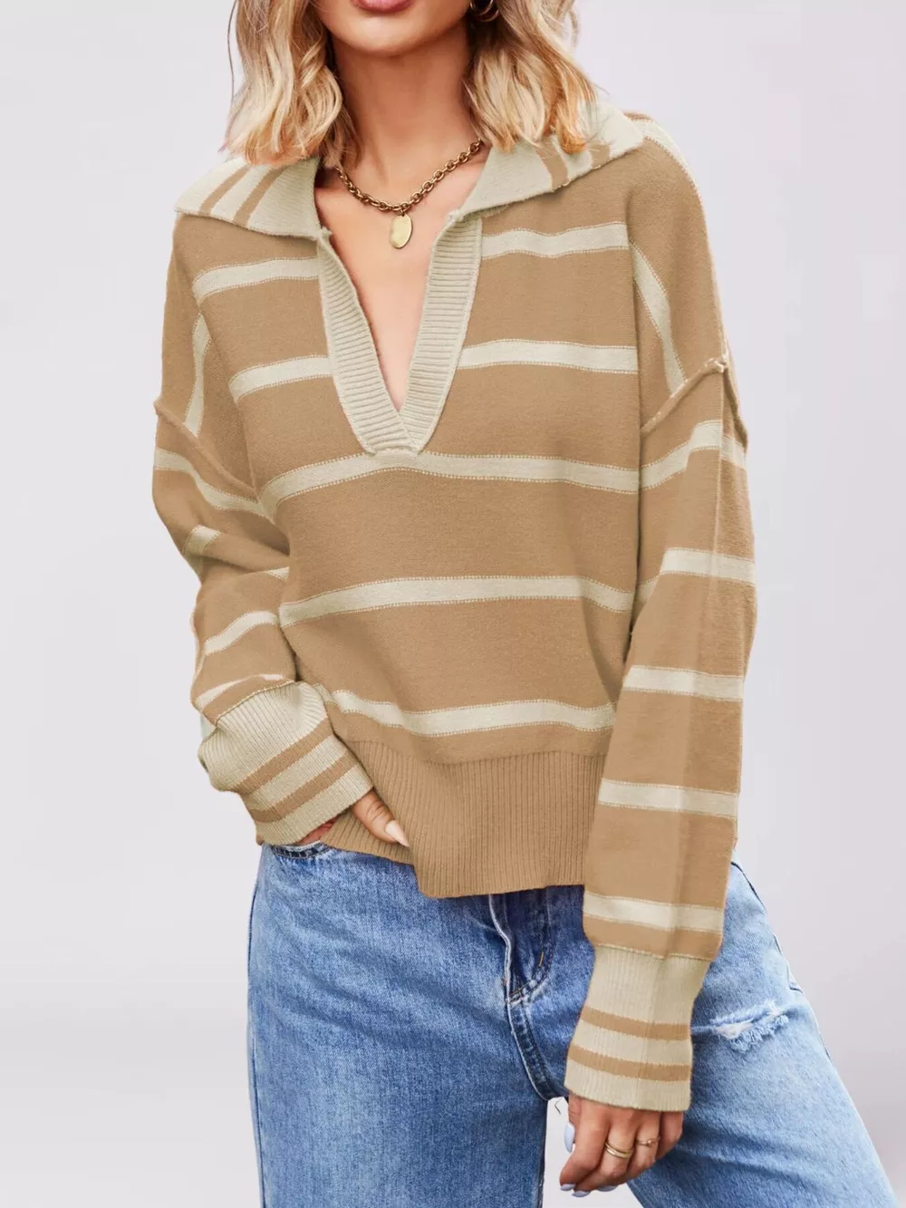 Striped Johnny Collar Dropped Shoulder Sweater, image 9