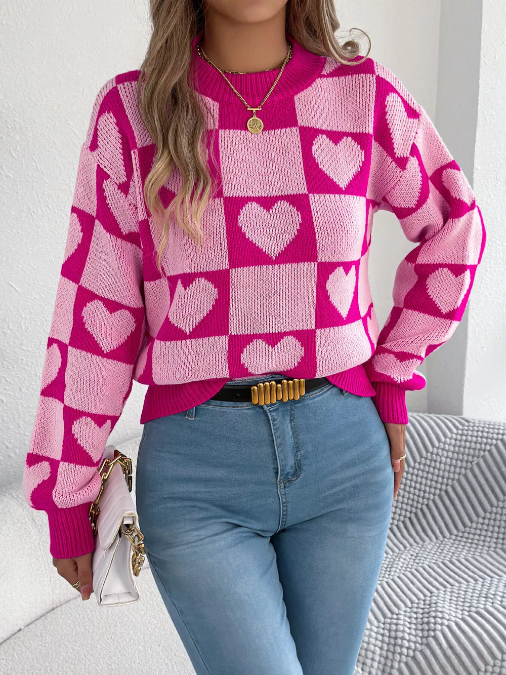 Heart Checkerboard Pattern Round Neck Sweater, image 11