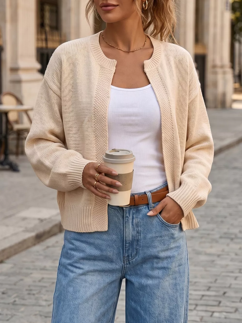 Casual Open-Front Knit Cardigan with Ribbed Trim, image 5