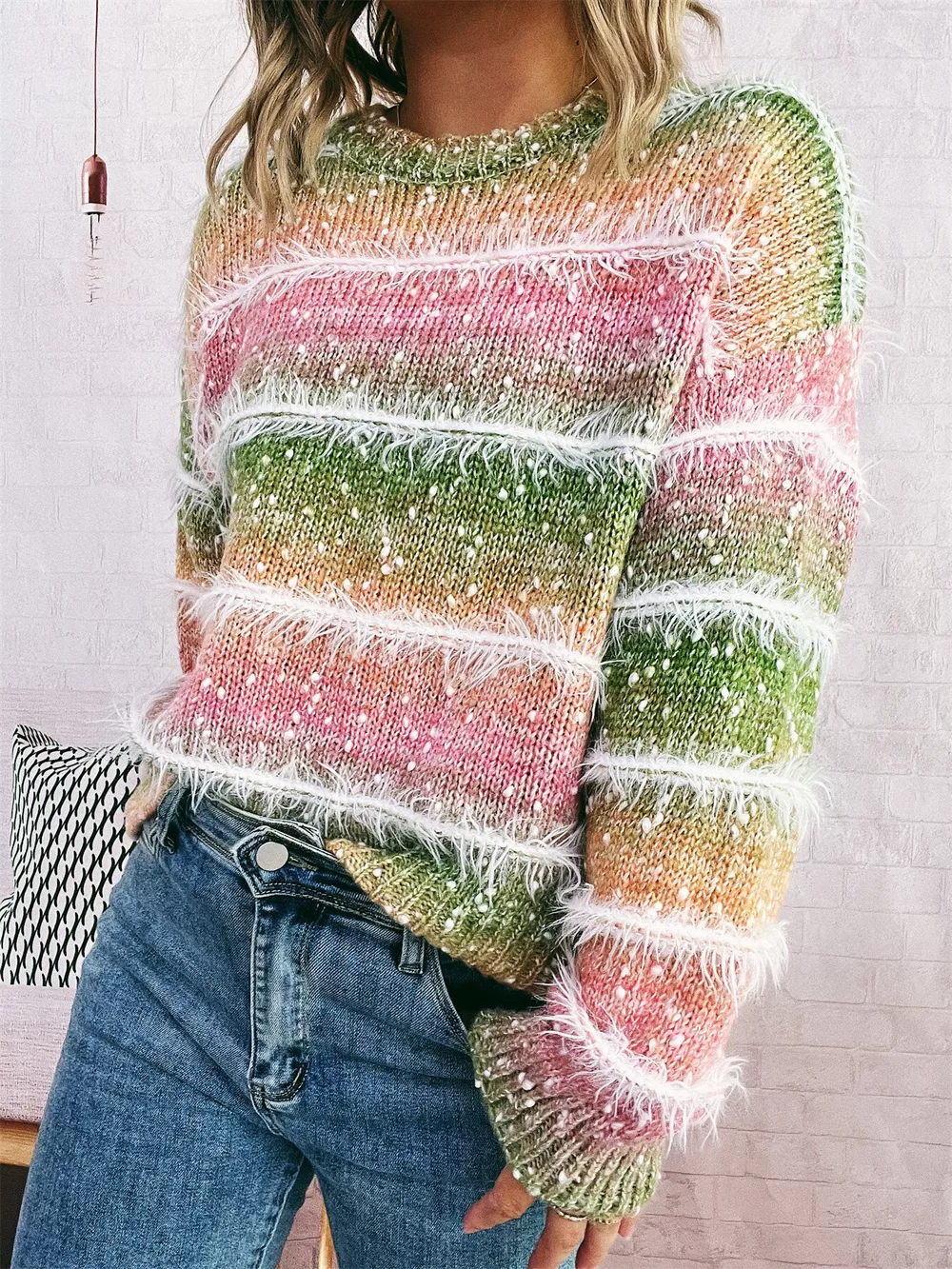 Gradient Striped Round Neck Sweater, image 7