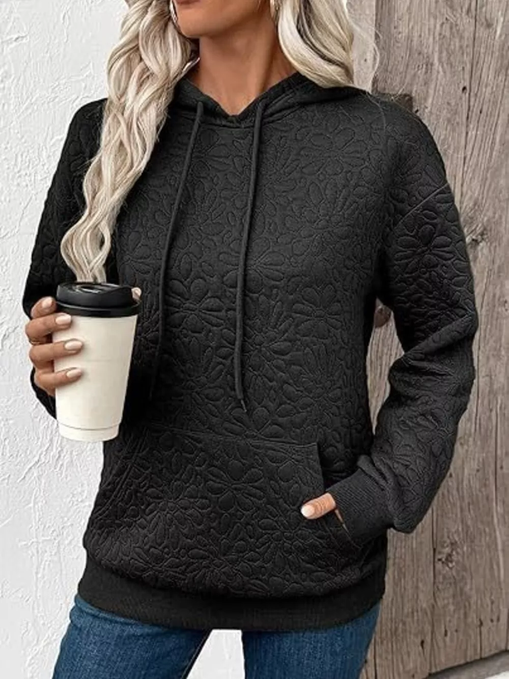 Textured Floral Embossed Drawstring Hoodie