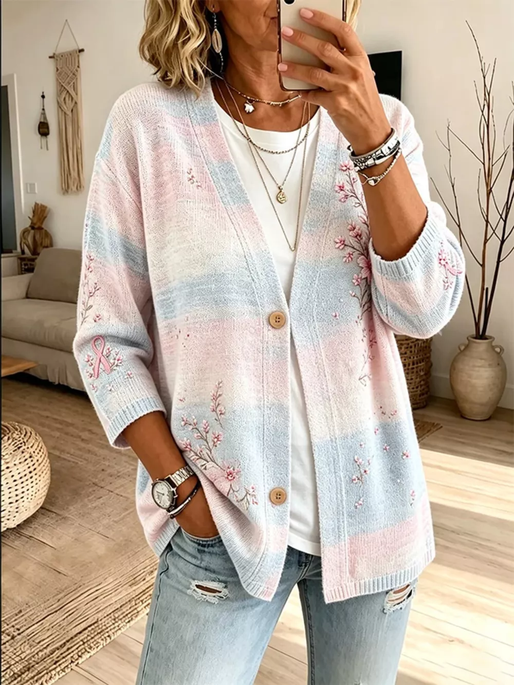 Full Size Floral V-Neck Button-Down Cardigan Plus Size, image 7