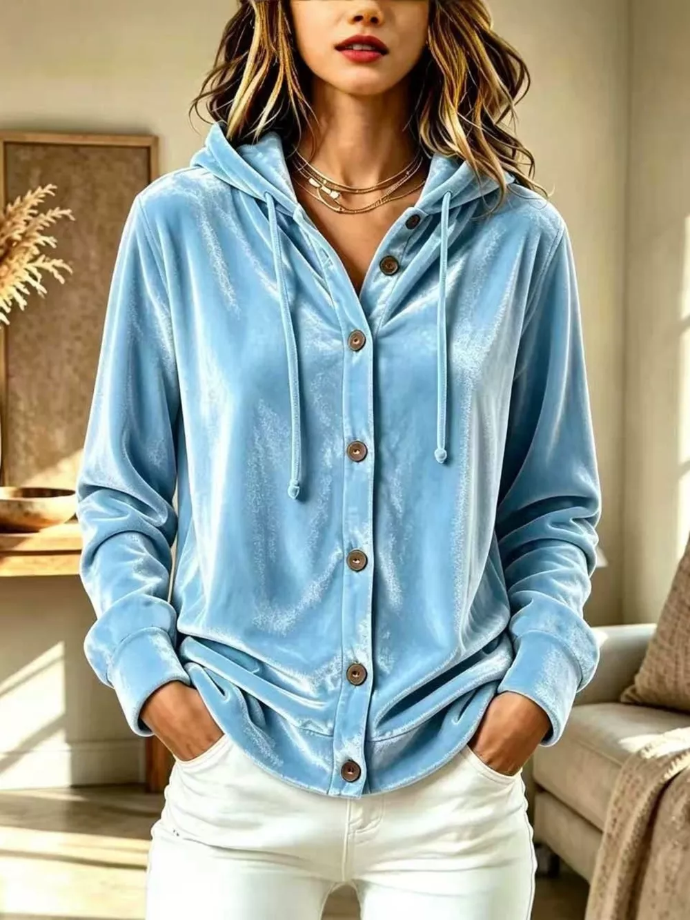 Full Size Velvet Button-Down Hooded Top Plus Size, image 10