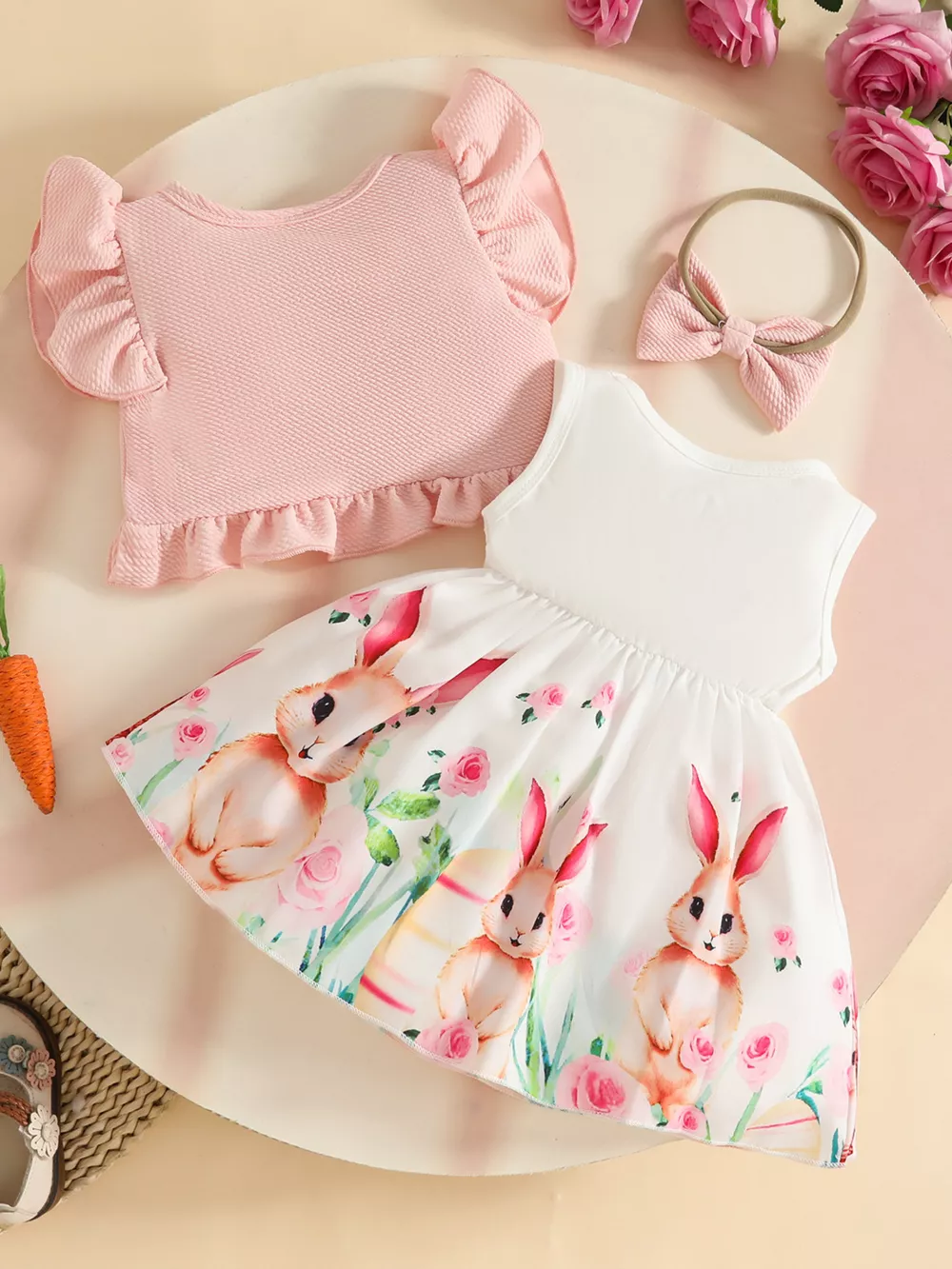 Children's Bunny Print Dress with Ruffle Cardigan & Headband Set, image 7
