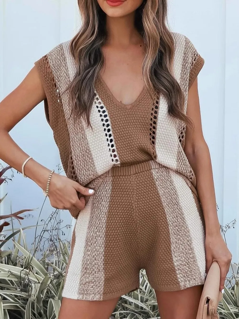 Openwork Color Block V-Neck Top and Shorts Sweater Set
