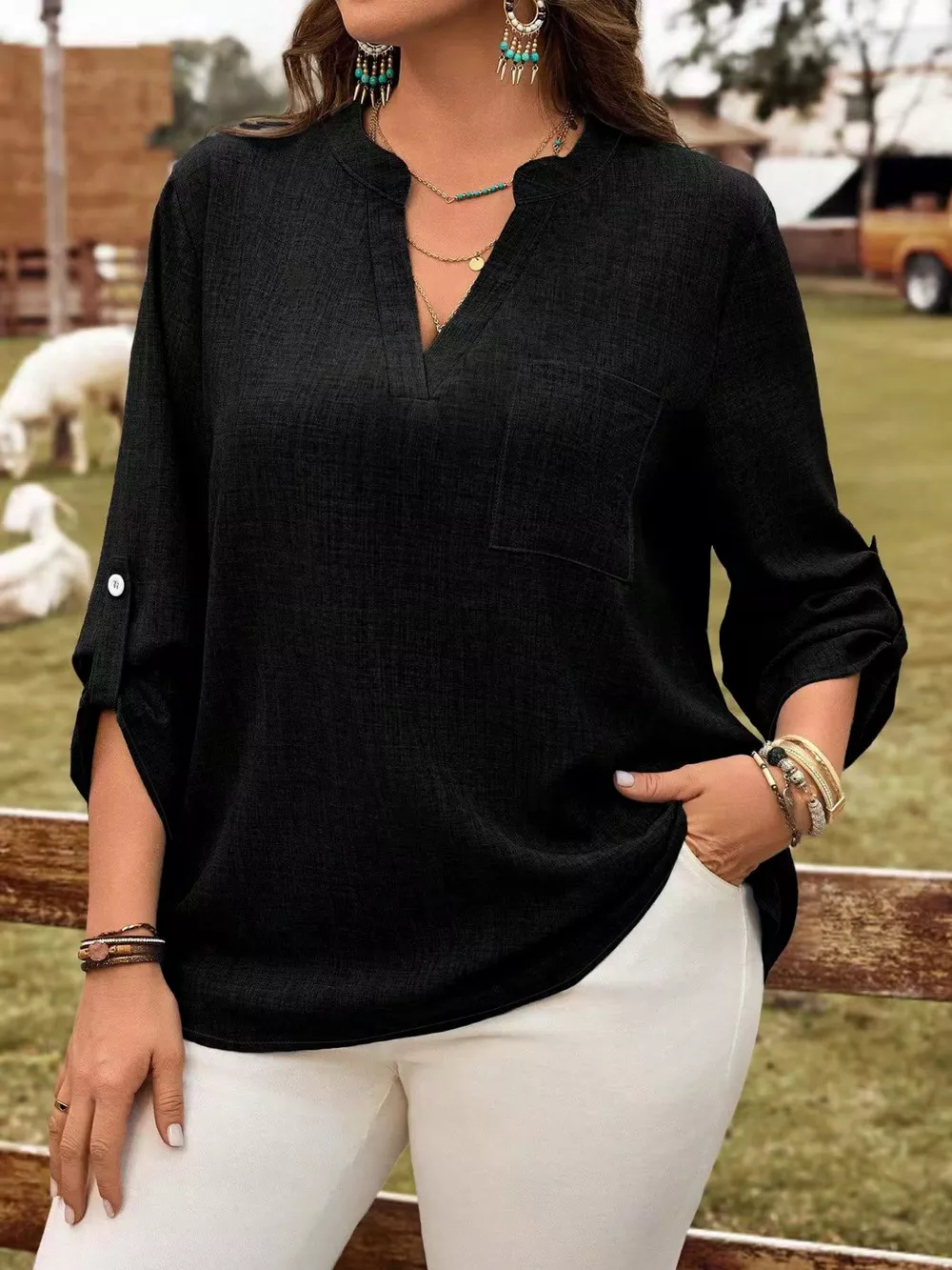 Plus Size Notched Roll-Tab Sleeve Casual Blouse, image 5