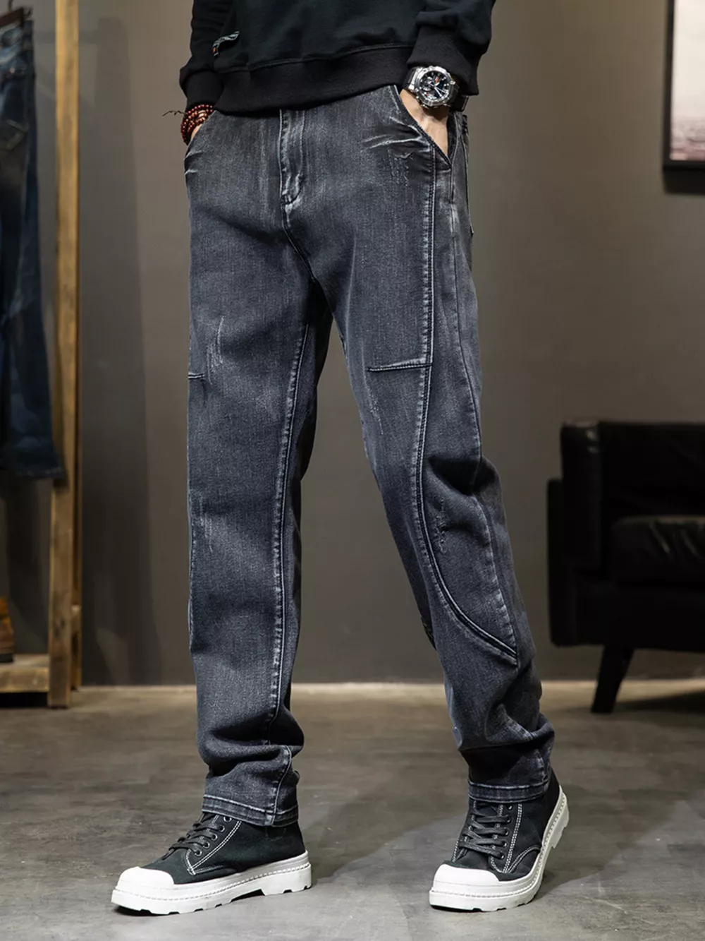 Men's Washed Slim-Fit Jeans with Curved Side Seam Detailing, image 2