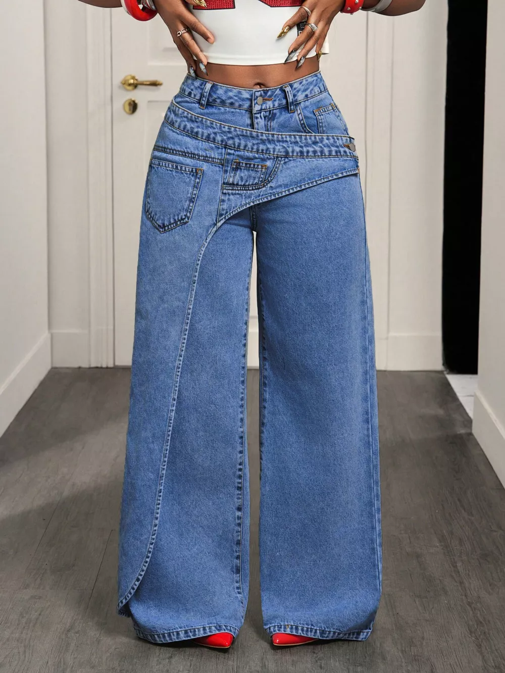 Asymmetrical High-Waisted Wide-Leg Jeans with Wrap Detail, image 2