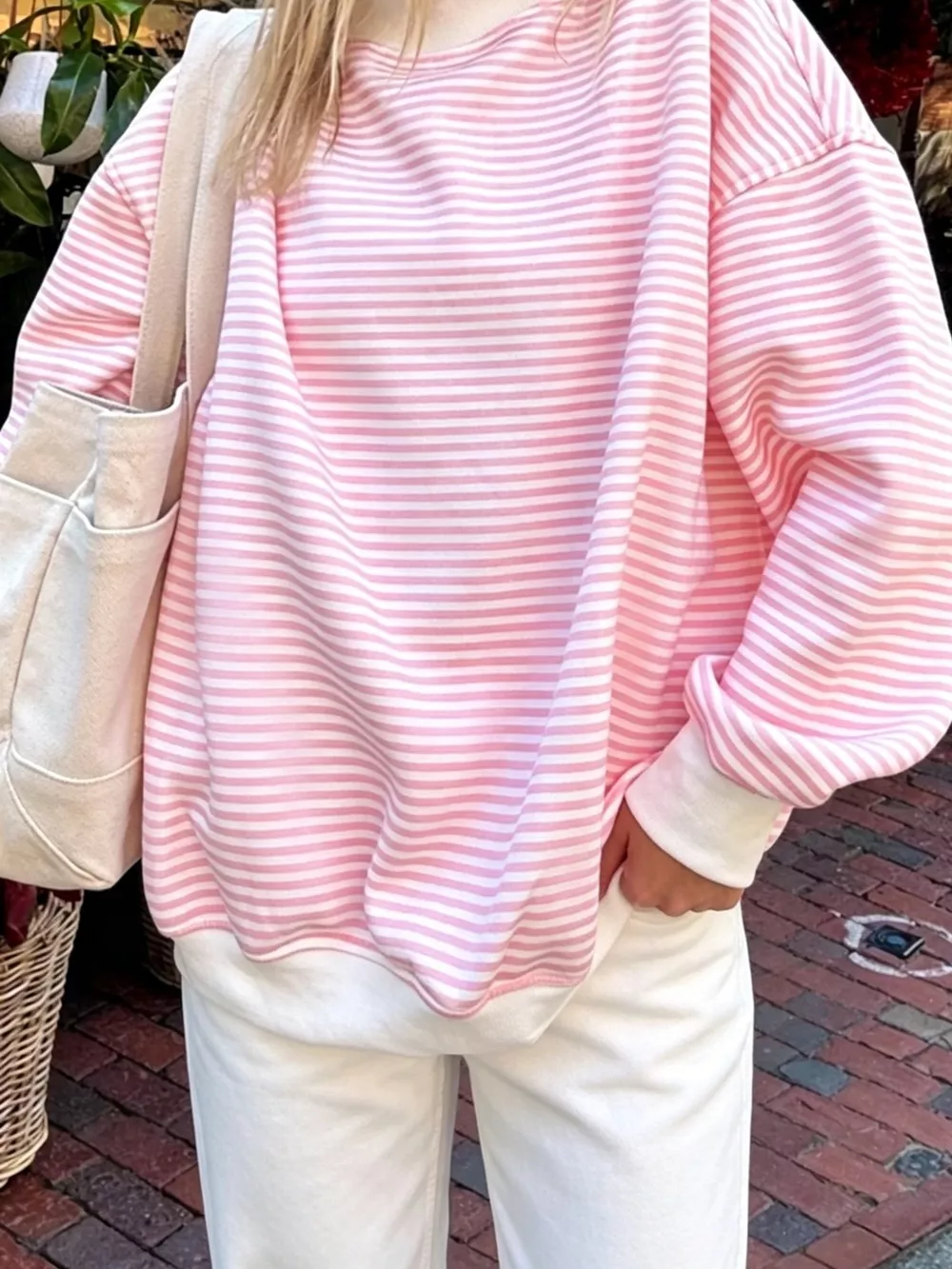 Oversized Striped Crew Neck Sweatshirt, image 7