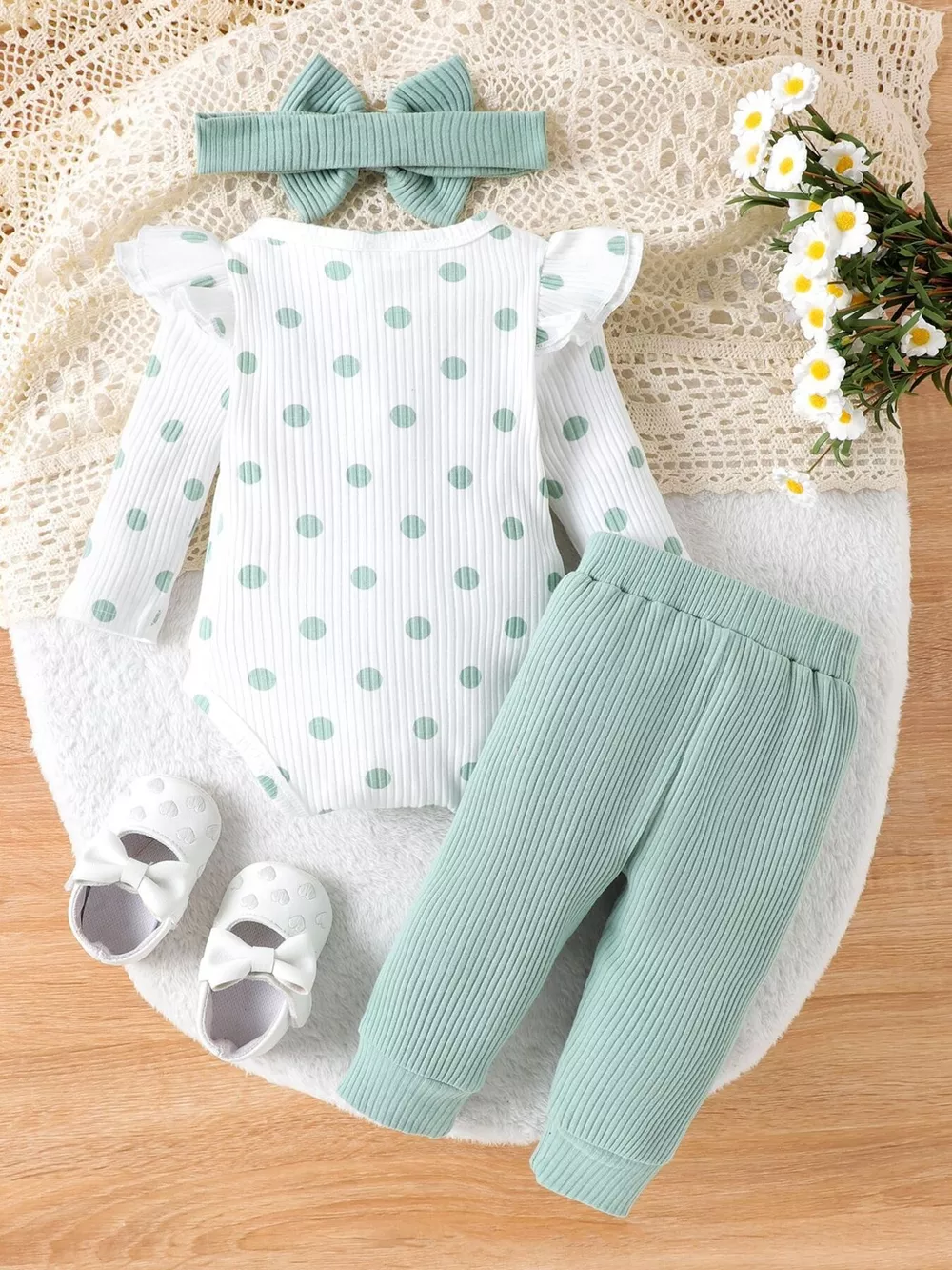 Children's Ruffled Polka Dot Bodysuit and Pants Set with Headband, image 6
